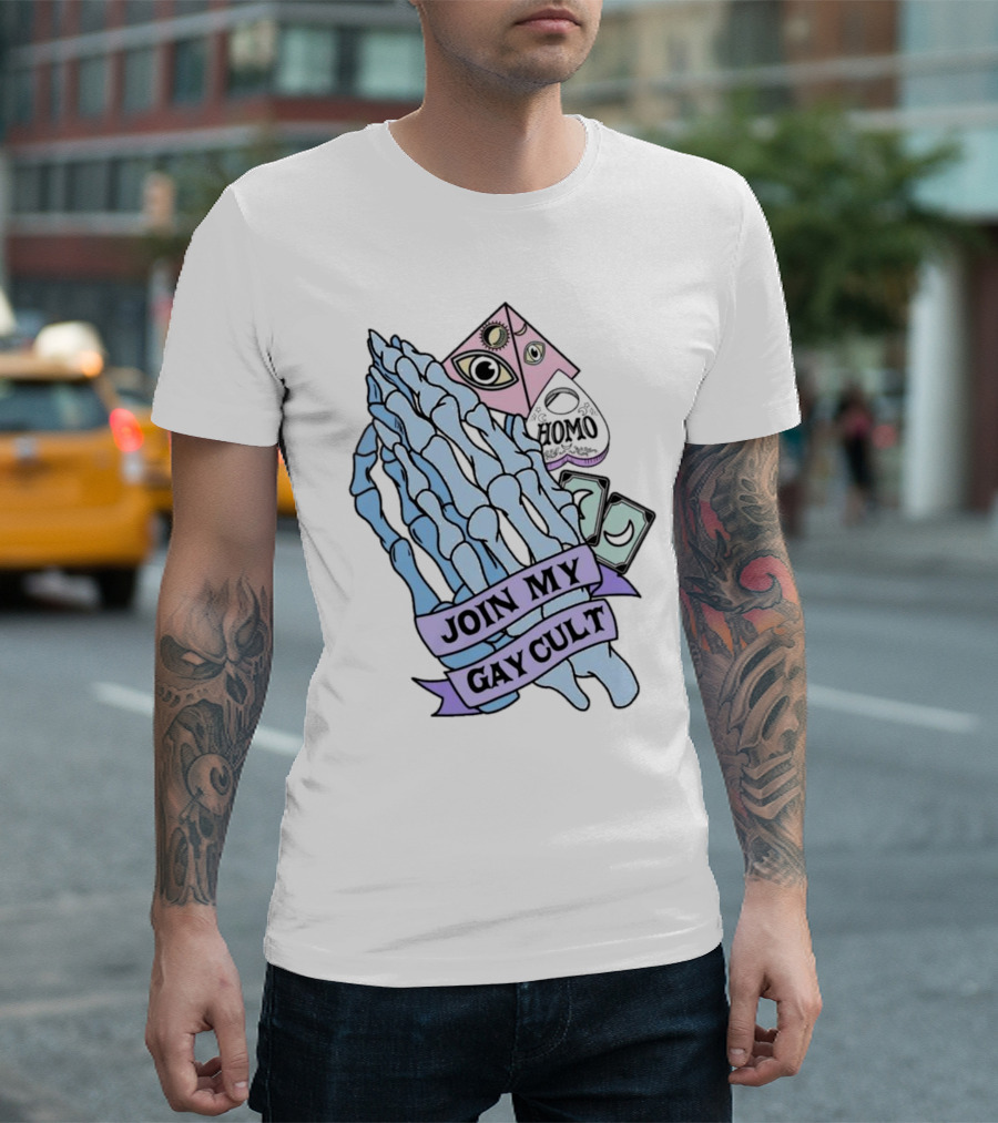 JOIN MY GAY CULT HOMO EYE PYRAMID SKELETON HANDS T-Shirt