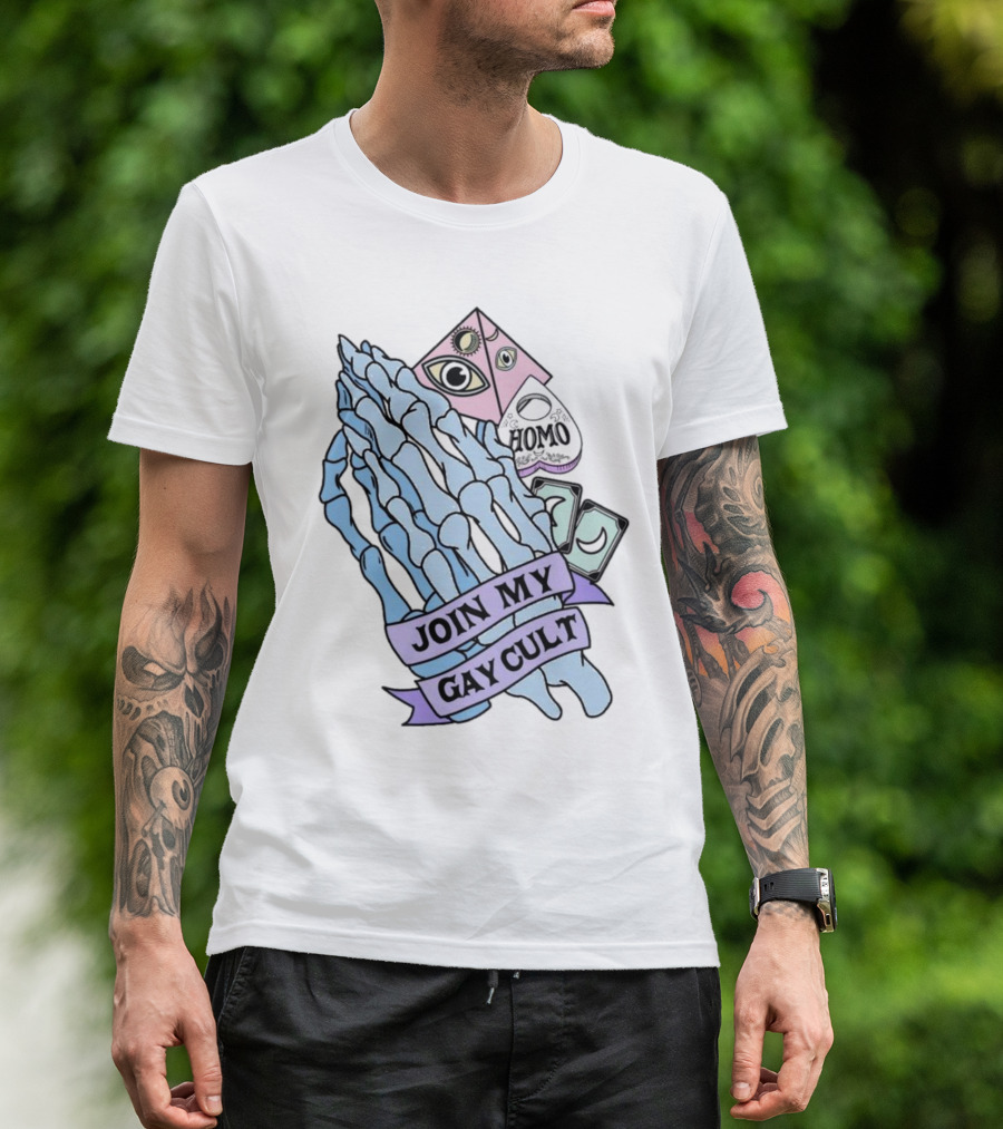 JOIN MY GAY CULT HOMO EYE PYRAMID SKELETON HANDS T-Shirt