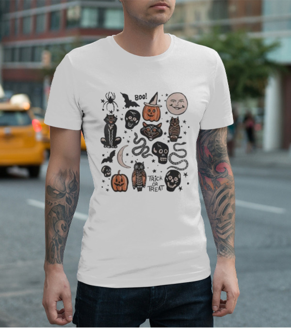 Halloween Season Boo Trick Or Treat Pumpkin Skull Spooky Vibes Moon Cat Owl Snake T-Shirt