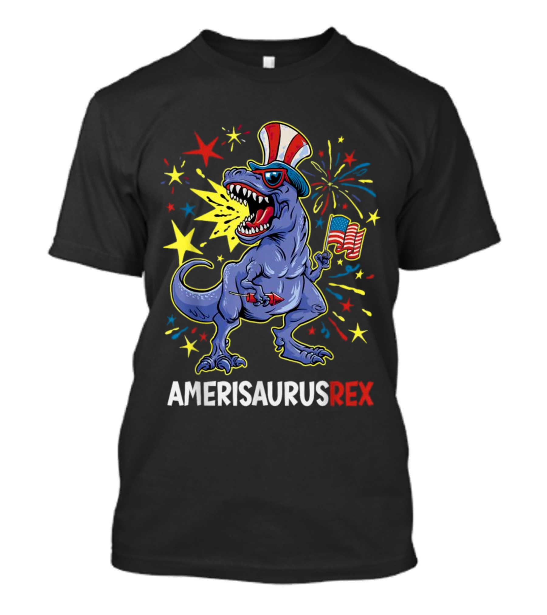 Amerisaurus Rex 4th Of July Dinosaur With American Flag And Fireworks T-Shirt