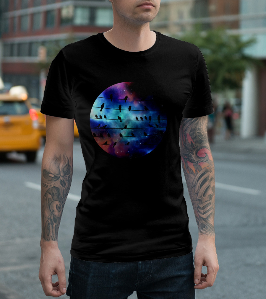 Birds On A Wire Cosmic Galaxy Silhouette in Space T-Shirt