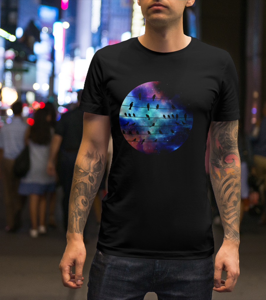 Birds On A Wire Cosmic Galaxy Silhouette In Space T-Shirt