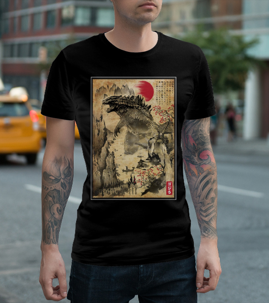 Gojira Japanese Woodblock Ukiyo-e Style With Red Sun And Cherry Blossoms T-Shirt