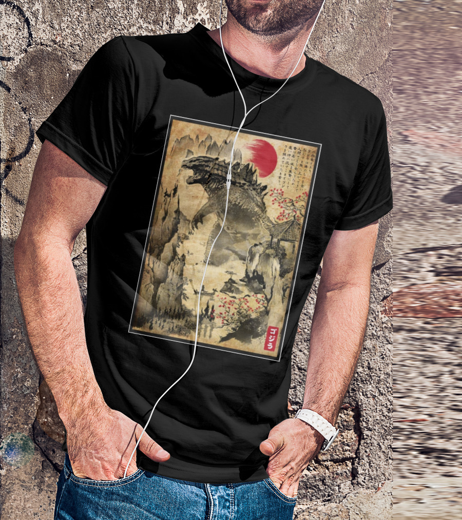 Gojira Japanese Woodblock Ukiyo-e Style With Red Sun And Cherry Blossoms T-Shirt
