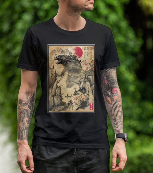 Gojira Japanese Woodblock Ukiyo-e Style With Red Sun And Cherry Blossoms T-Shirt