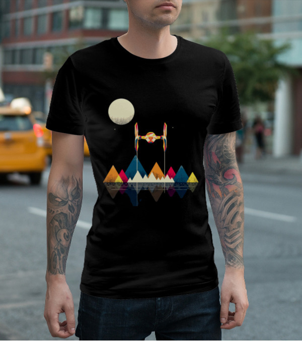 Imperial Fighter Tie Spaceship Over Geometric Mountains And Moon T-Shirt