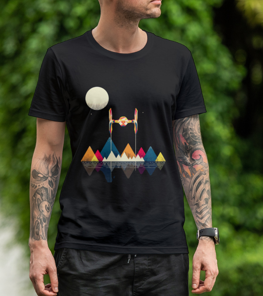 Imperial Fighter Tie Spaceship Over Geometric Mountains And Moon T-Shirt
