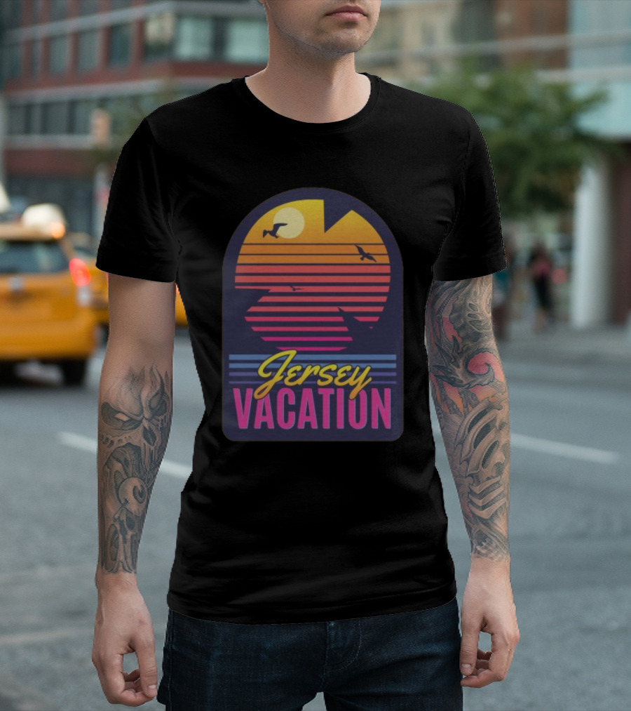 Jersey Vacation Retro Sunset Beach Scene with Birds and Stripes T-Shirt
