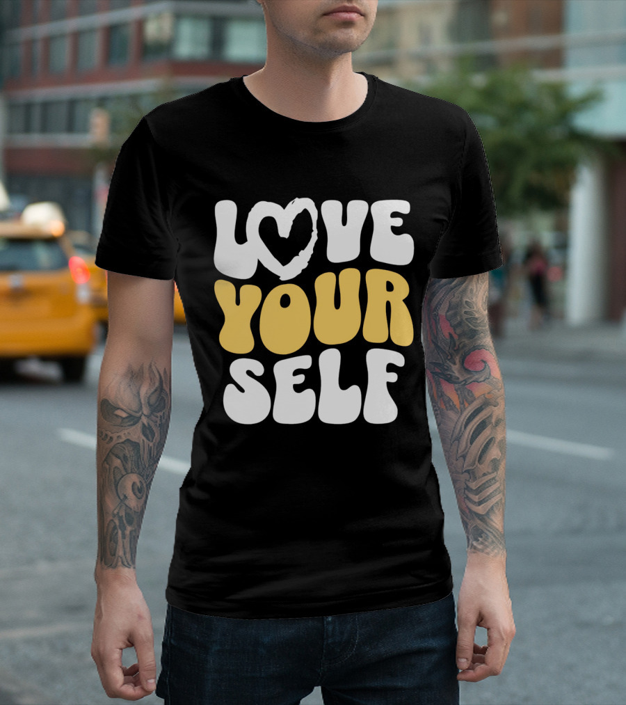 Love Your Self Heart Wavy Typography T-Shirt