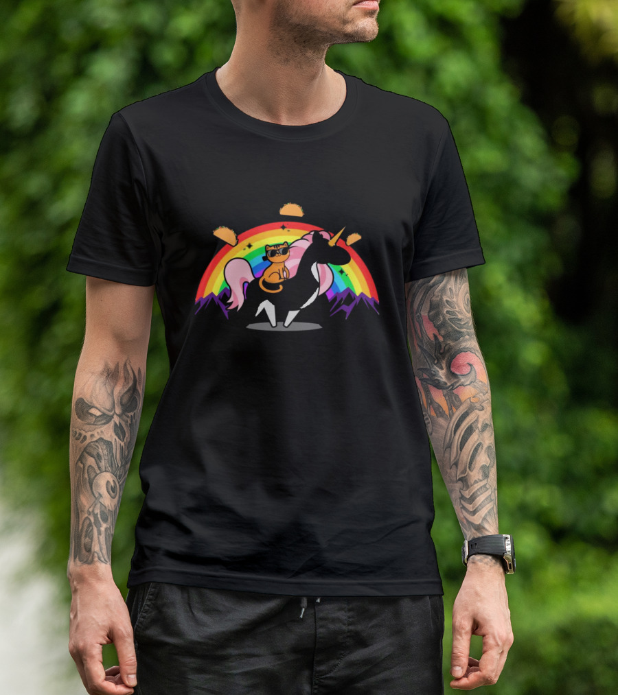 Cat Riding Unicorn With Rainbow And Tacos Magical Adventure T-Shirt
