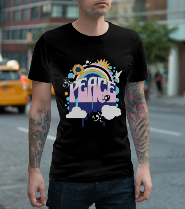 Peace Colorful Rainbow Sunflower Clouds Dove And Good Vibes T-Shirt