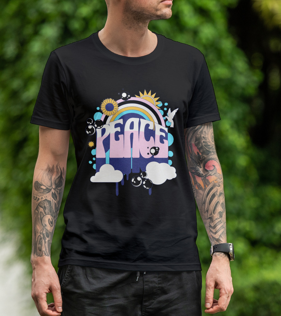 Peace Colorful Rainbow Sunflower Clouds Dove And Good Vibes T-Shirt