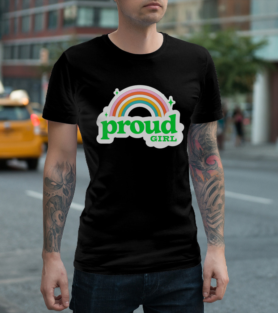 Proud Girl Green Text Rainbow With Sparkles T-Shirt