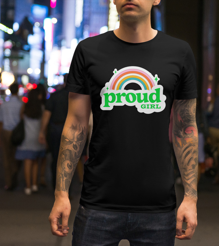 Proud Girl Green Text Rainbow With Sparkles T-Shirt