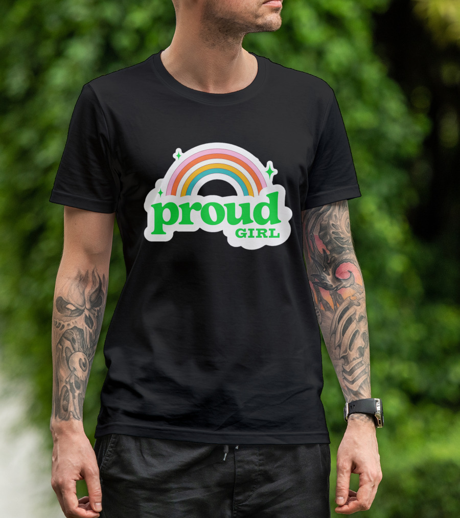 Proud Girl Green Text Rainbow With Sparkles T-Shirt