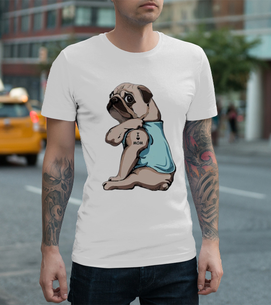 Pug I Love Mom Tattoo Blue T-Shirt