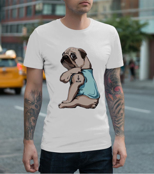 Pug I Love Mom Tattoo Blue T-Shirt