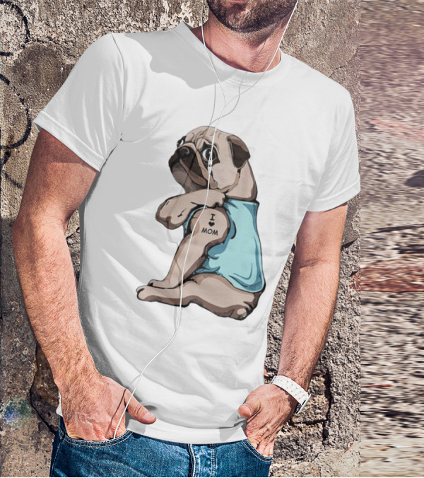 Pug I Love Mom Tattoo Blue T-Shirt