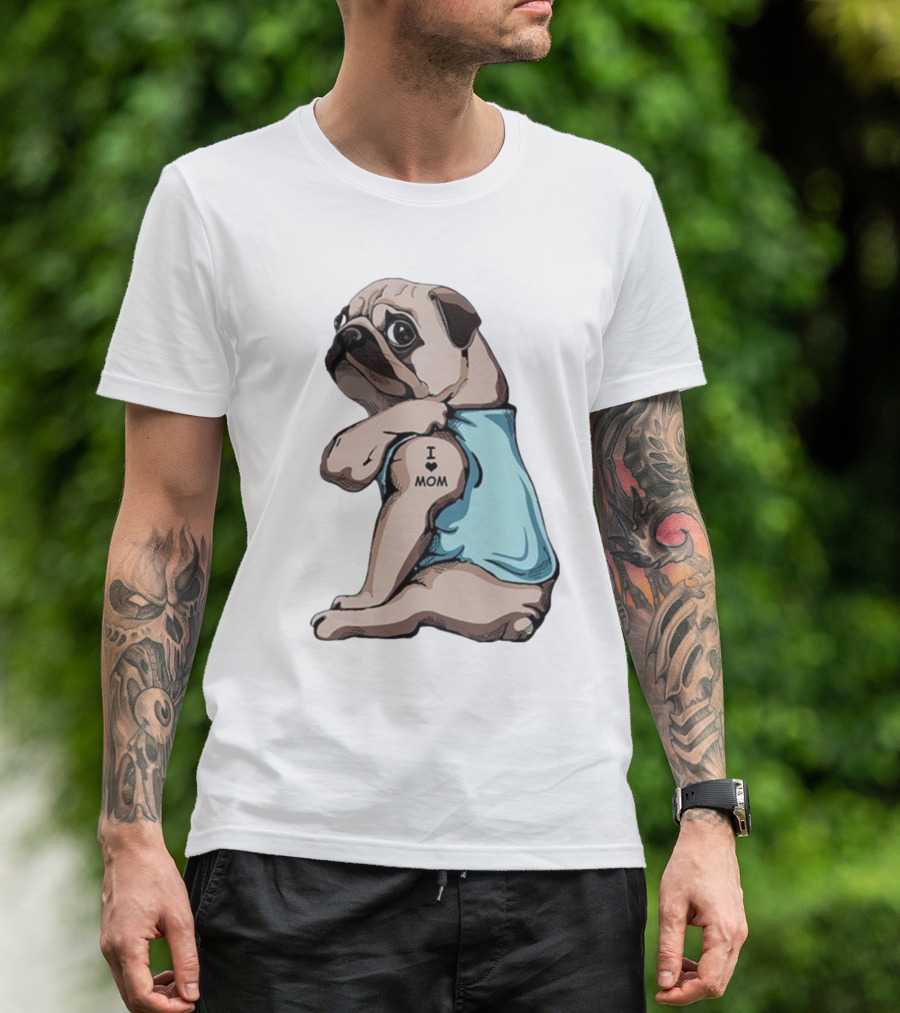 Pug I Love Mom Tattoo Blue T-Shirt