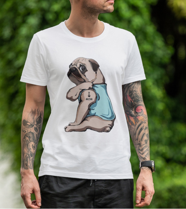 Pug I Love Mom Tattoo Blue T-Shirt