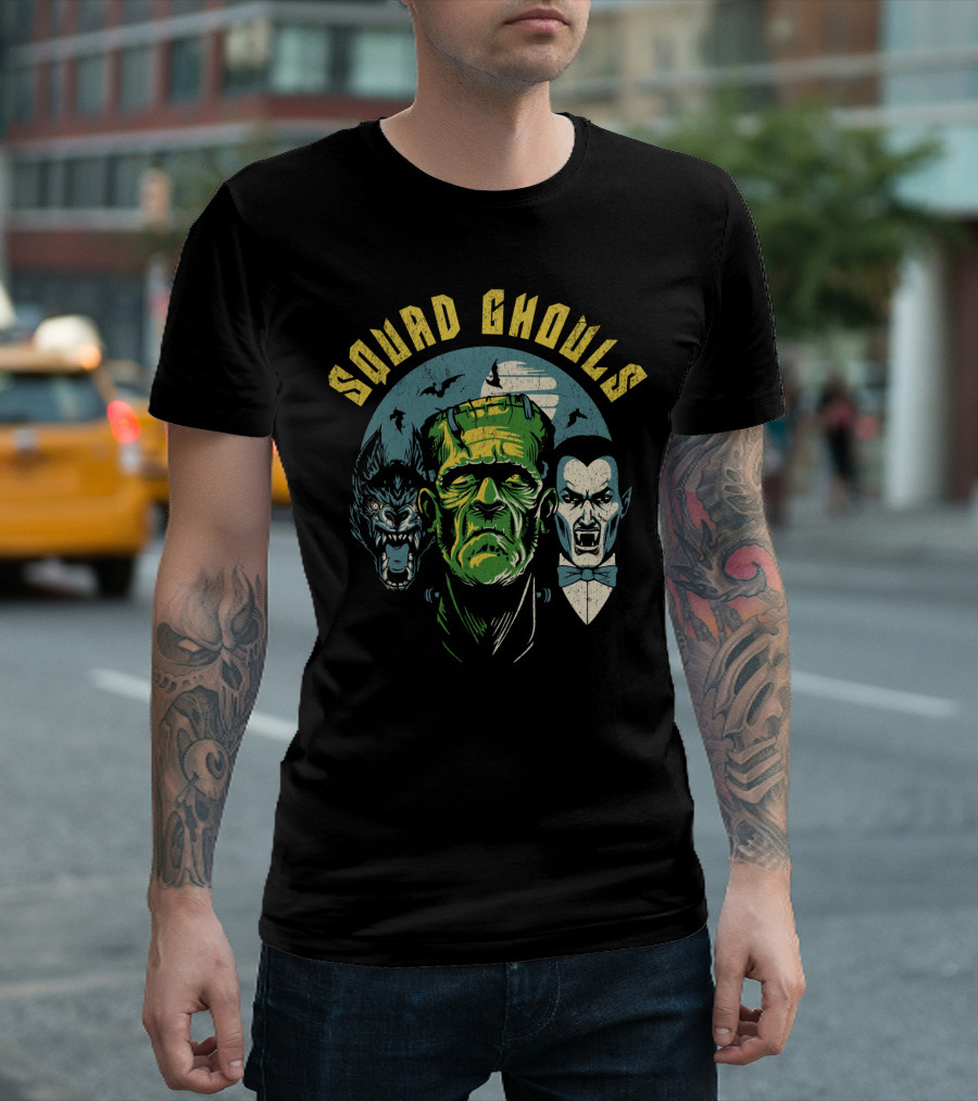Squad Ghouls Frankenstein Dracula Werewolf Halloween Characters T-Shirt
