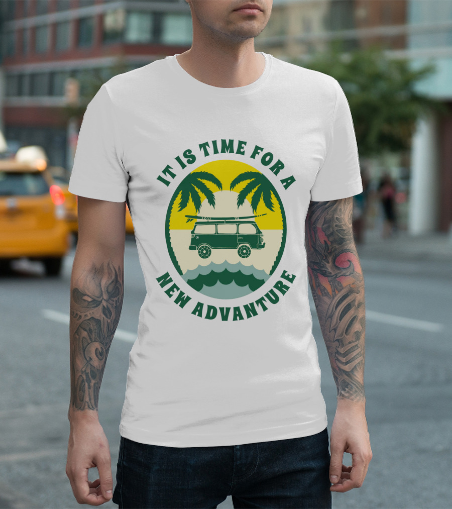 It Is Time for a New Adventure Surf Van Palm Trees Waves T-Shirt