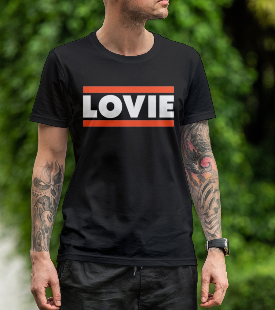 LOVIE Bold Block Letters With Red Stripes T-Shirt