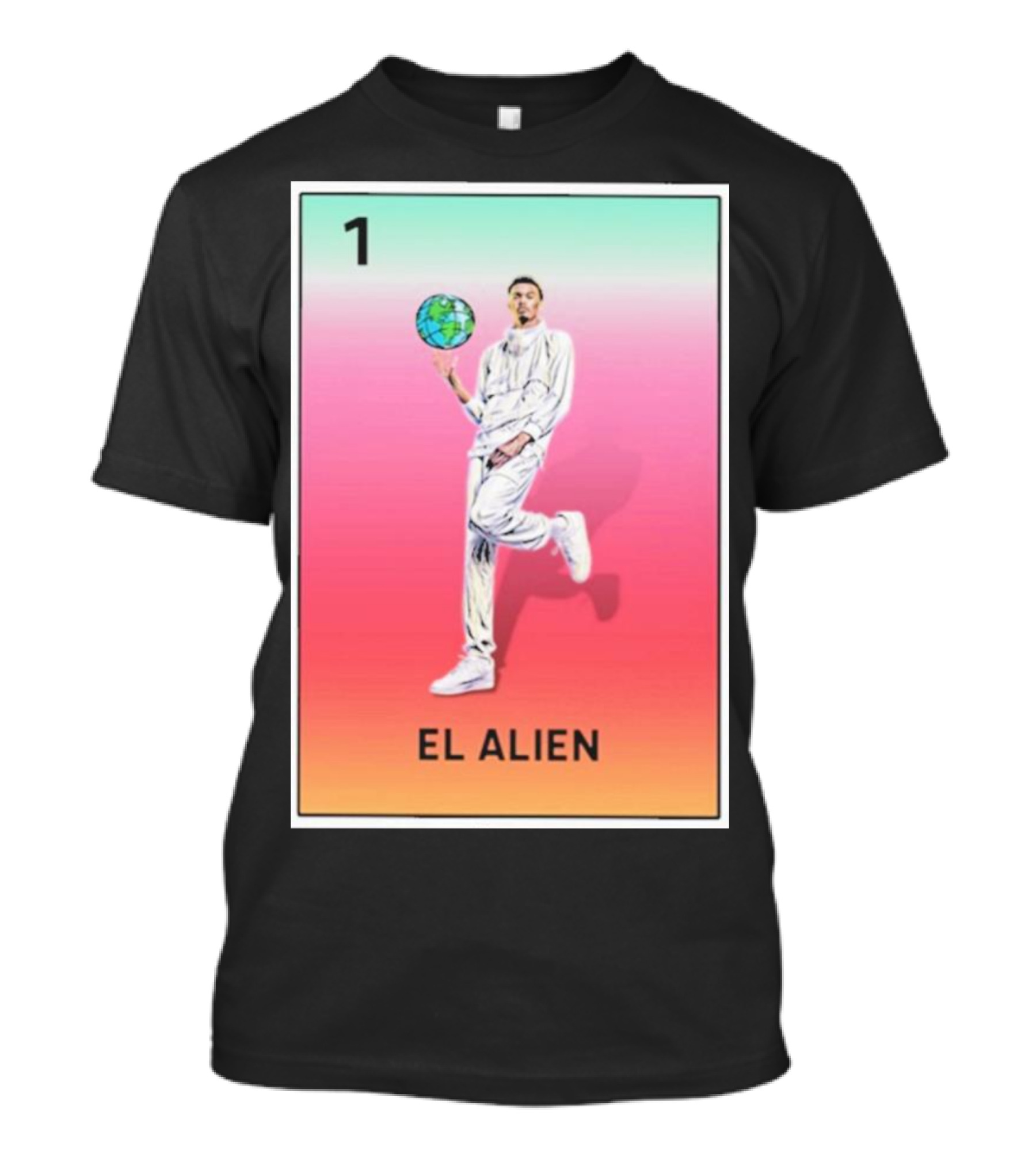 Loteria De San Antonio El Alien Basketball Card Earth Globe T-Shirt