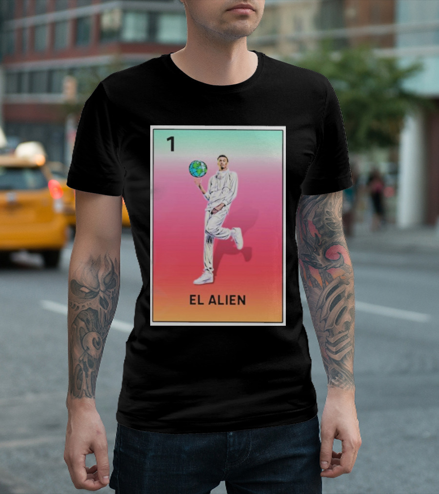 Loteria De San Antonio El Alien Basketball Card Earth Globe T-Shirt