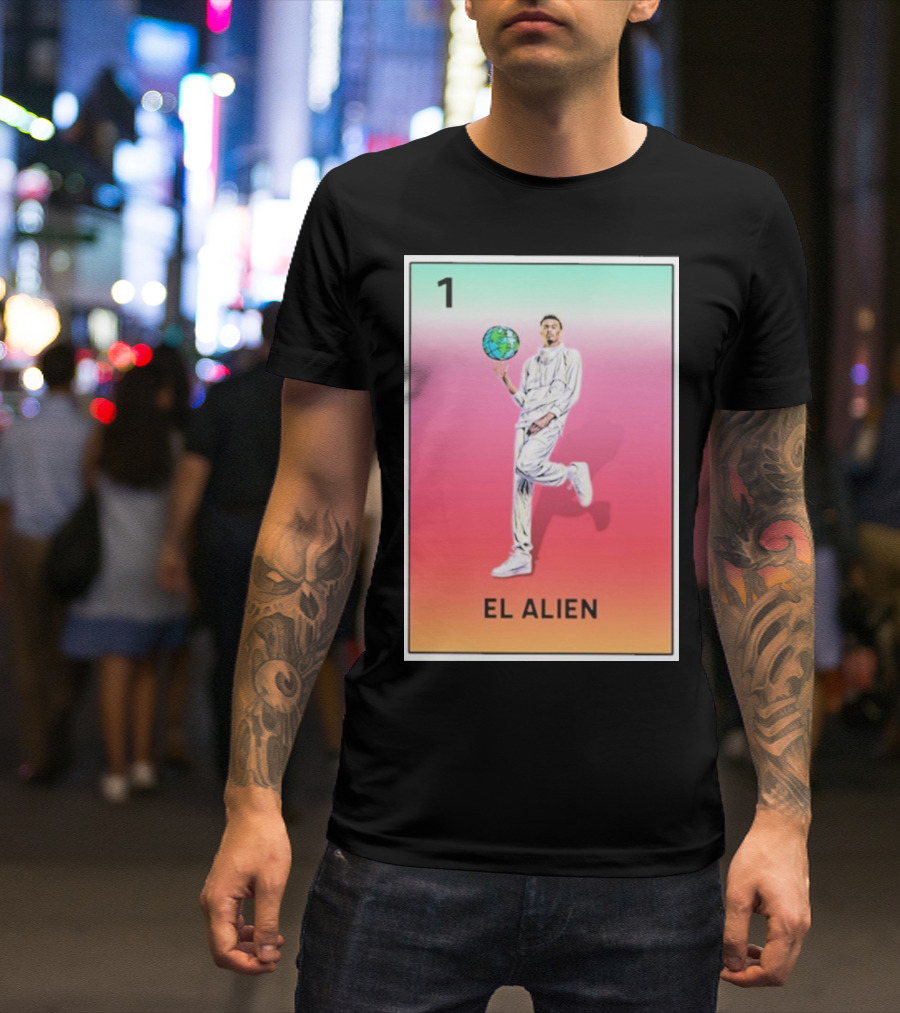 Loteria De San Antonio El Alien Basketball Card Earth Globe T-Shirt