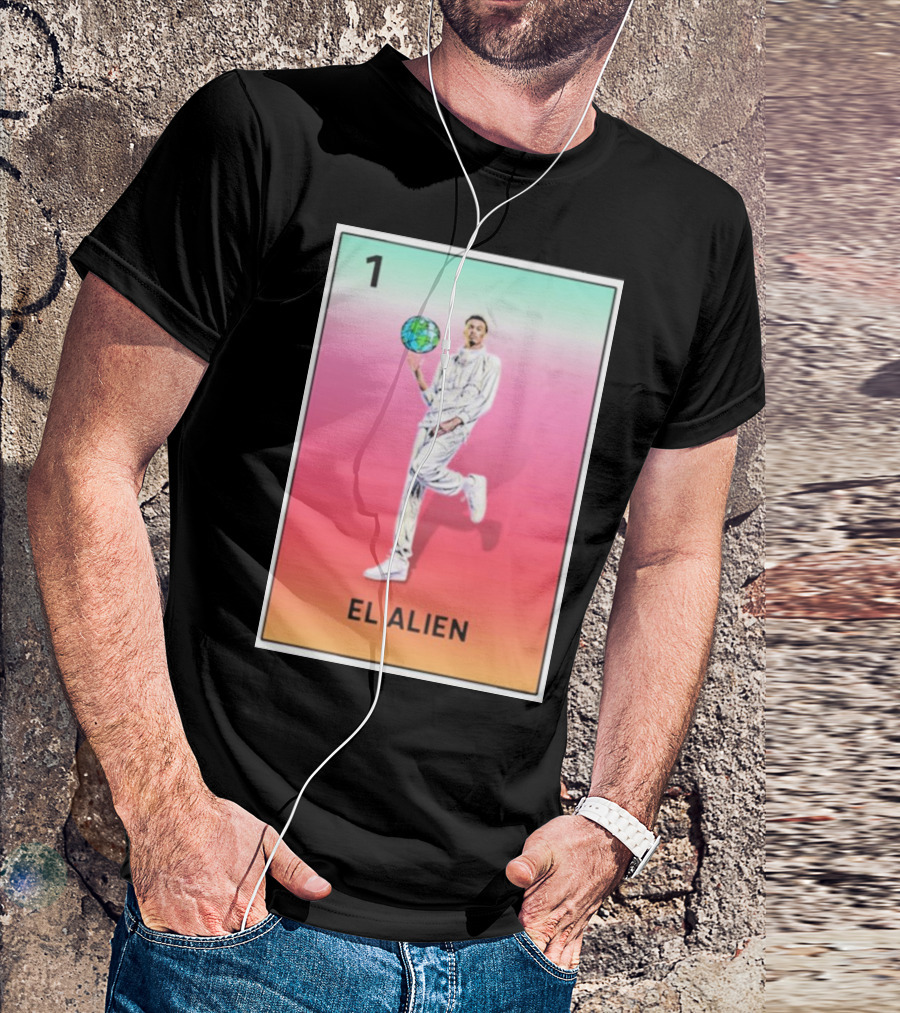 Loteria De San Antonio El Alien Basketball Card Earth Globe T-Shirt