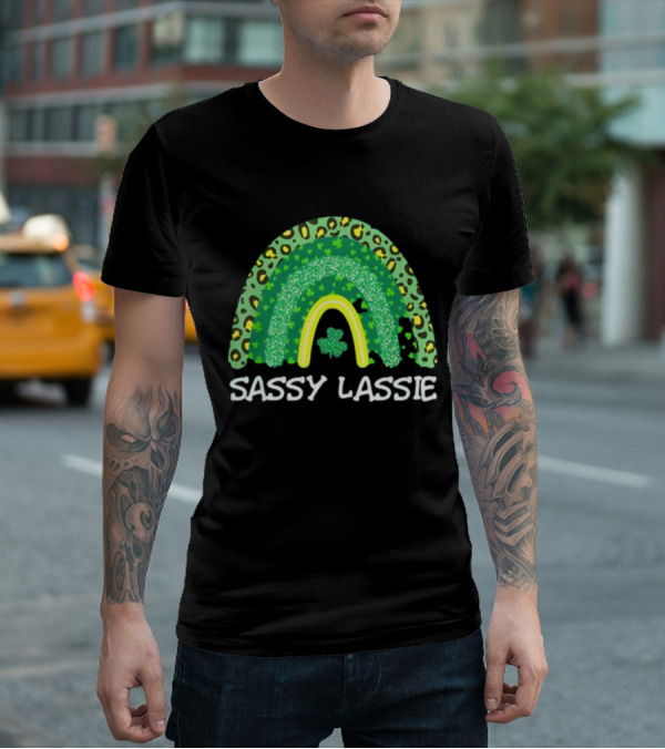 St Patricks Day Women Funny Sassy Lassie Leopard Rainbow Shamrock T-Shirt