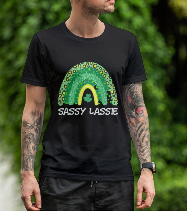 St Patricks Day Women Funny Sassy Lassie Leopard Rainbow Shamrock T-Shirt