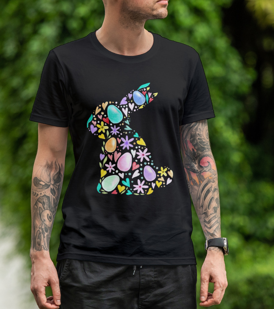 Rabbit Easter Day Colorful Eggs Hearts Flowers T-Shirt