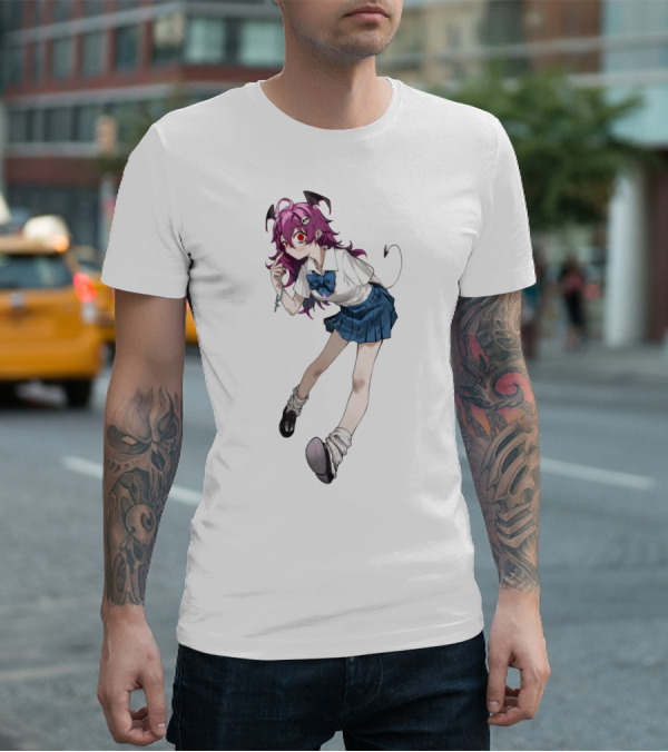 Devil Girl Anime School Uniform Purple Hair Horns Tail T-Shirt