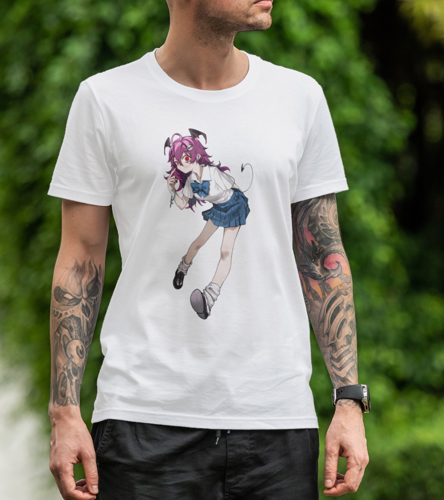 Devil Girl Anime School Uniform Purple Hair Horns Tail T-Shirt