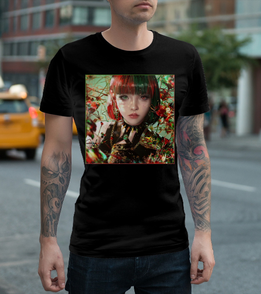 Green Red Sticker Fantasy Portrait Vibrant Blossoms Dual-Tone Hair T-Shirt
