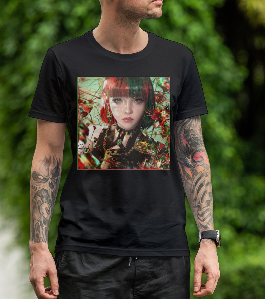 Green Red Sticker Fantasy Portrait Vibrant Blossoms Dual-Tone Hair T-Shirt