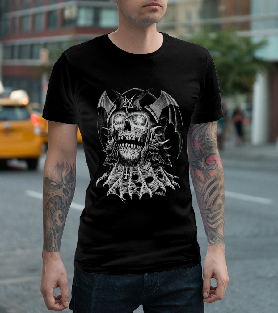 Lucifer's Helm Infernal Skull with Pentagram and Bat Wings T-Shirt