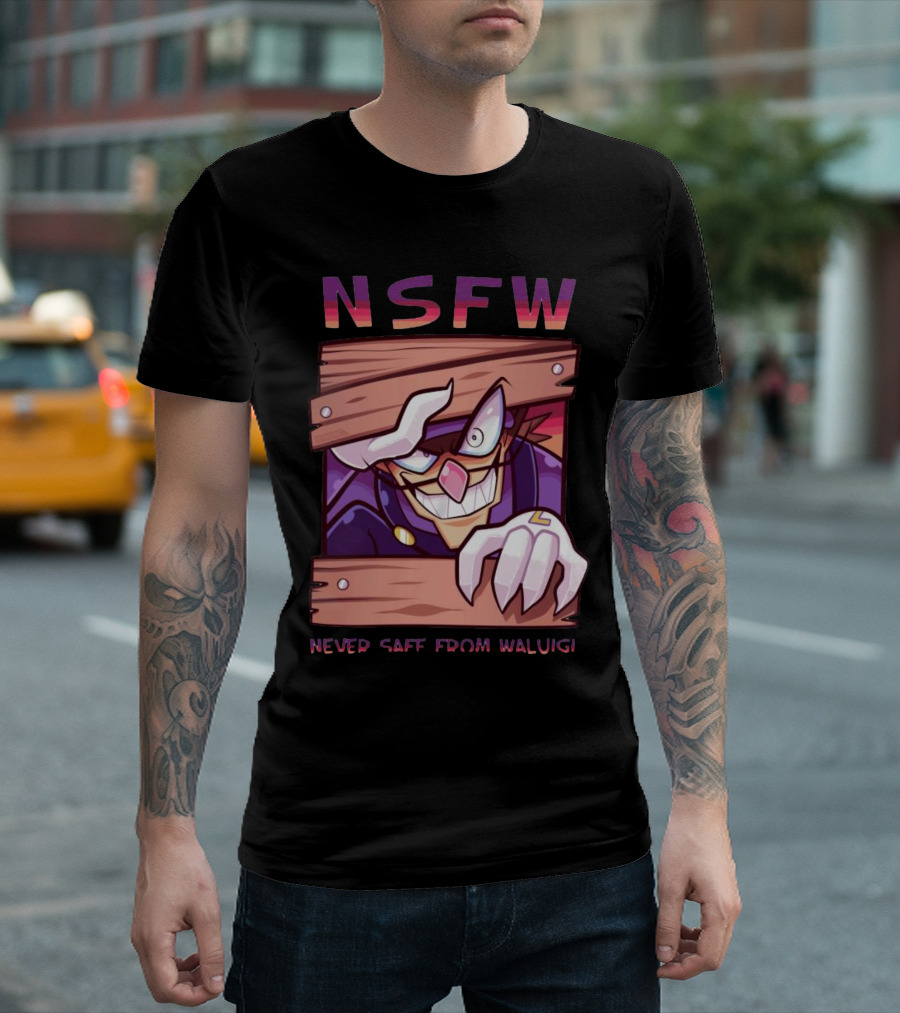 NSFW Never Safe From Waluigi Spaicy Waluigi Peeking Through Wooden Planks T-Shirt