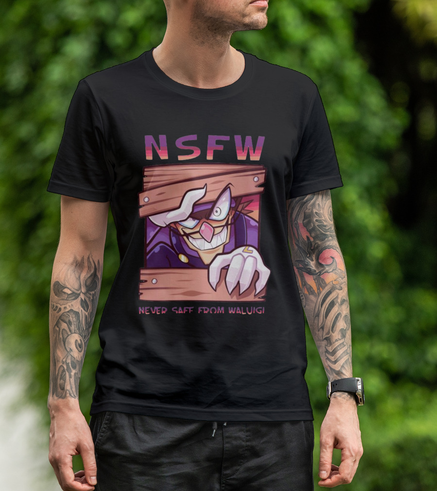 NSFW Never Safe From Waluigi Spaicy Waluigi Peeking Through Wooden Planks T-Shirt