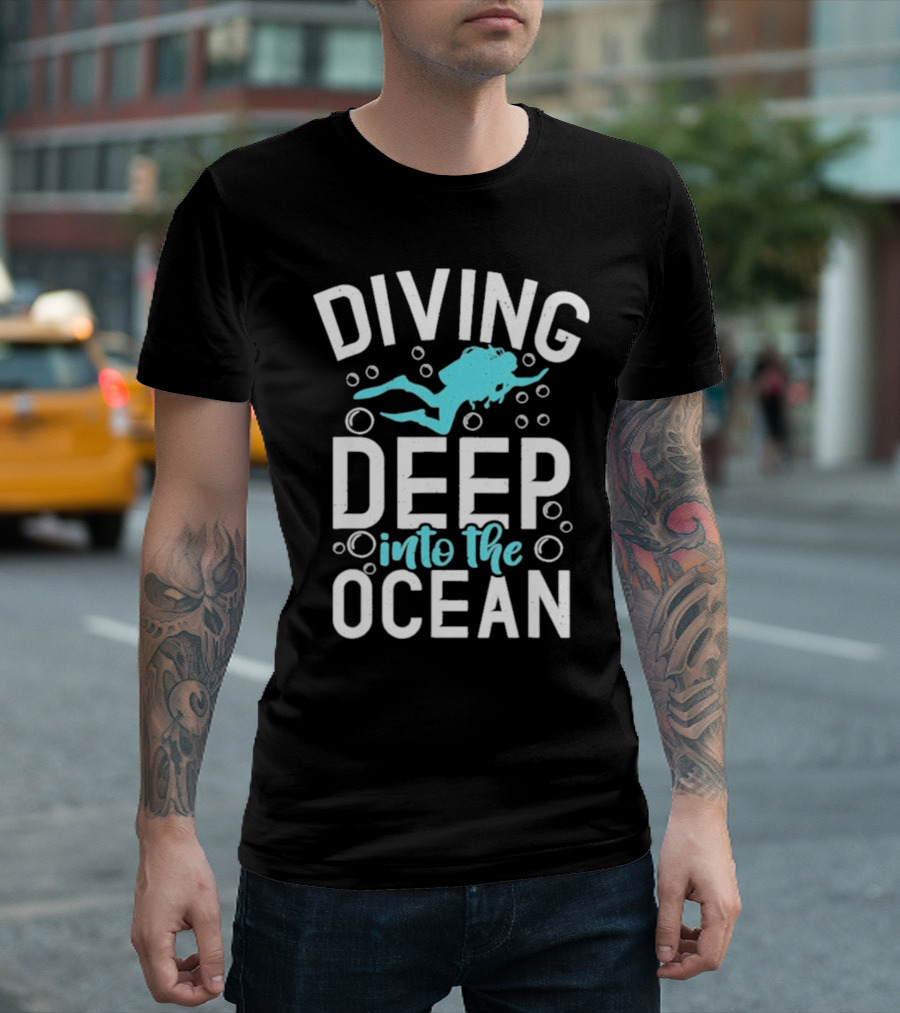 Diving Deep into the Ocean with Diver Silhouette and Bubbles T-Shirt