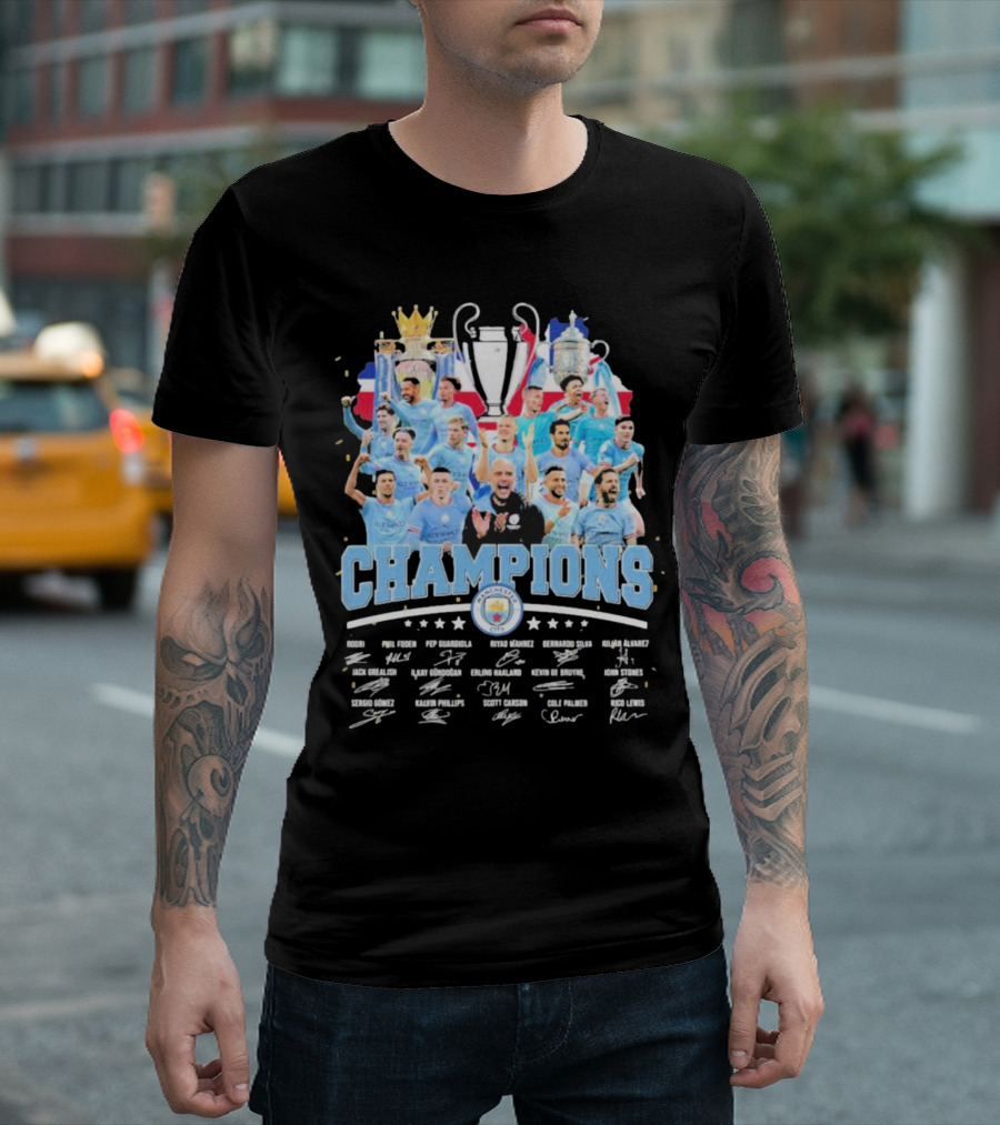 Manchester City Champions Cup Flag Pep Guardiola Haaland De Bruyne Treble Winners T-Shirt