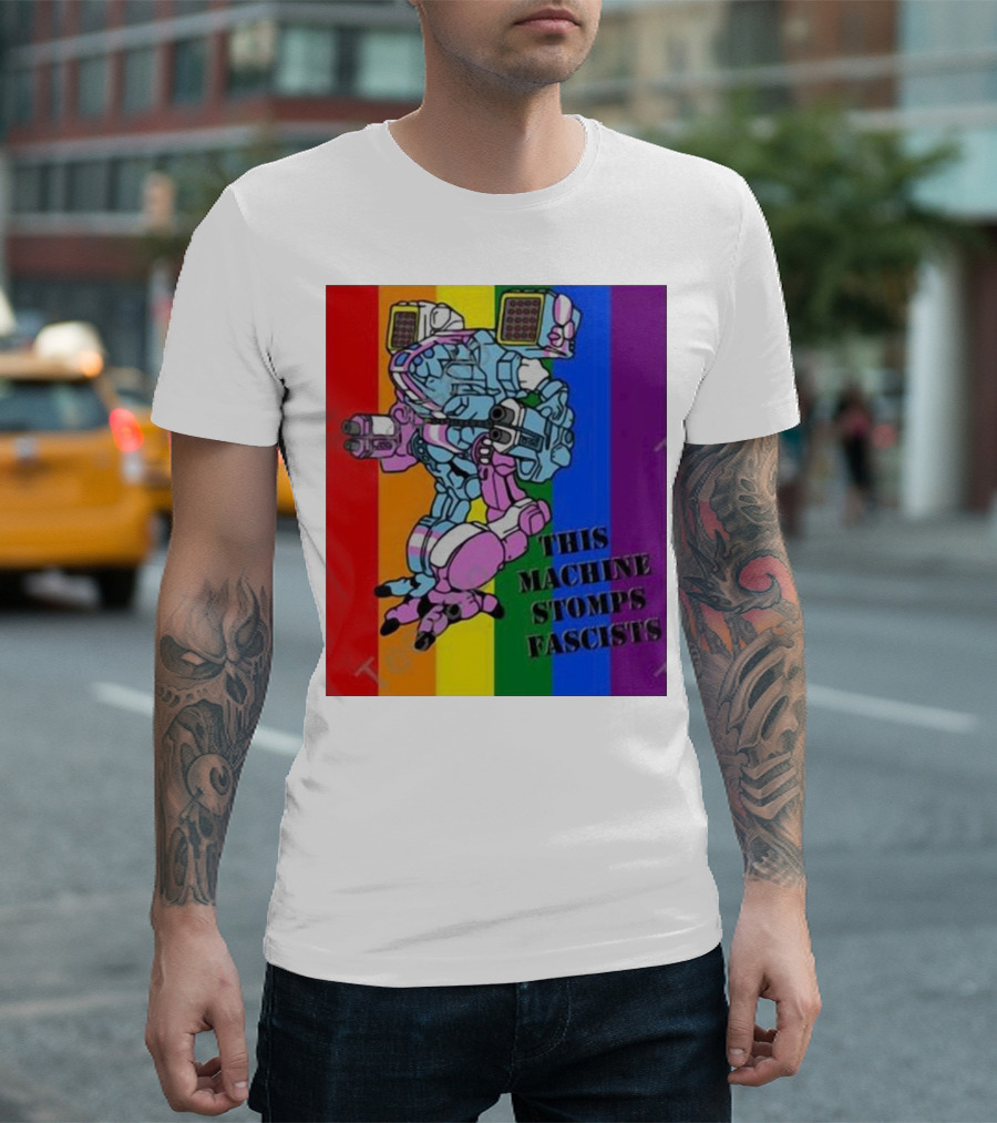 Battletech This Machine Stomps Fascists Giant Mech Robot on Rainbow Stripes T-Shirt