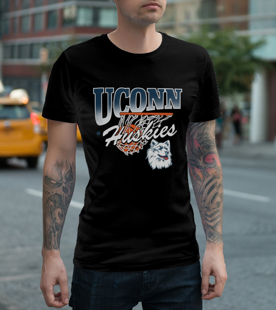 UConn Huskies Basketball Husky Mascot And Net T-Shirt
