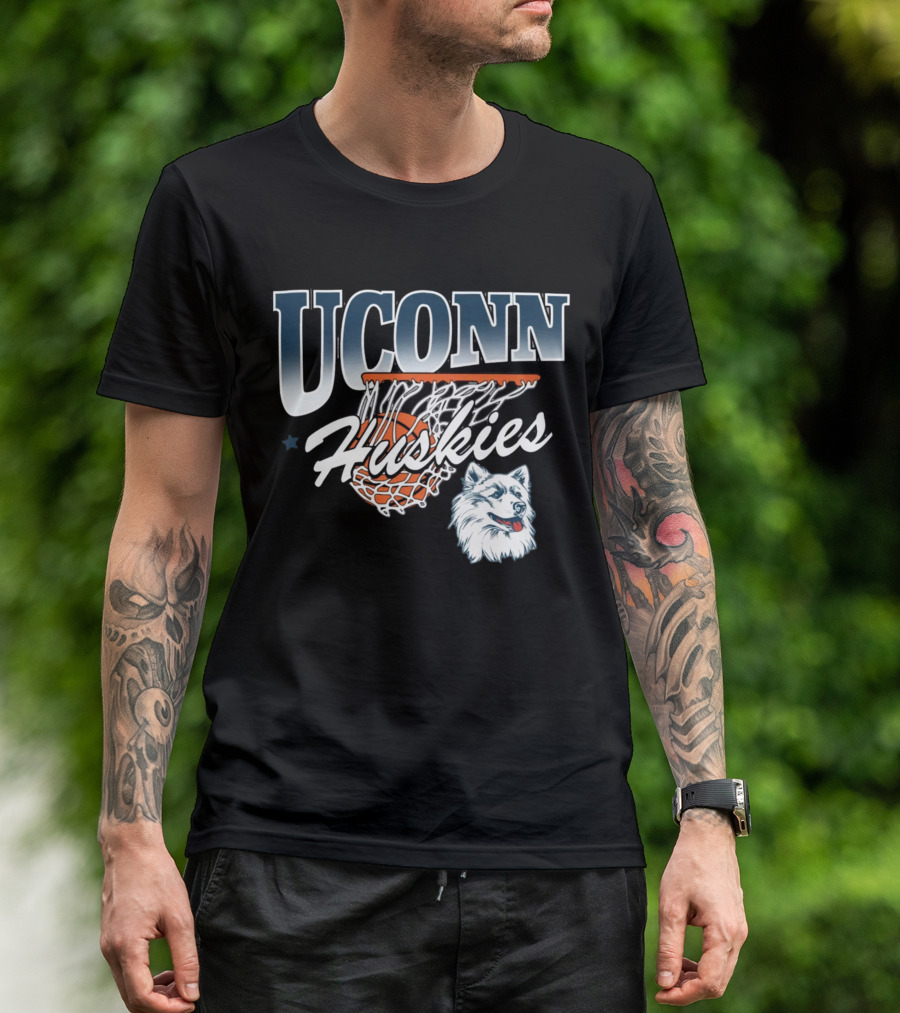 UConn Huskies Basketball Husky Mascot And Net T-Shirt