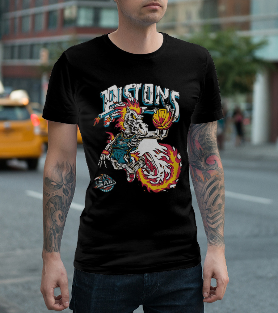 Sana Detroit Pistons Fiery Skeleton Basketball Dunk Pop-Up T-Shirt