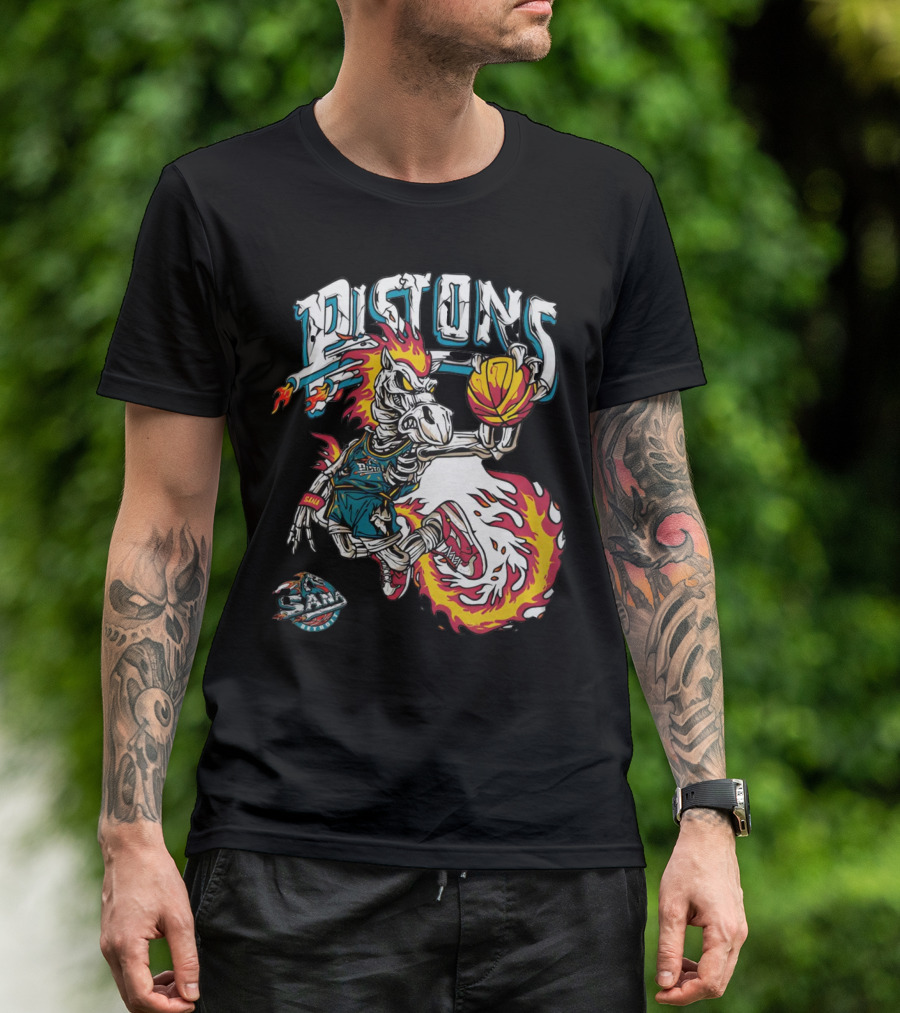 Sana Detroit Pistons Fiery Skeleton Basketball Dunk Pop-Up T-Shirt