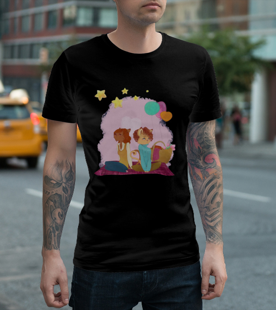 Cute Lesbian Fashion Relationship Cat Couple with Stars and Balloons T-Shirt