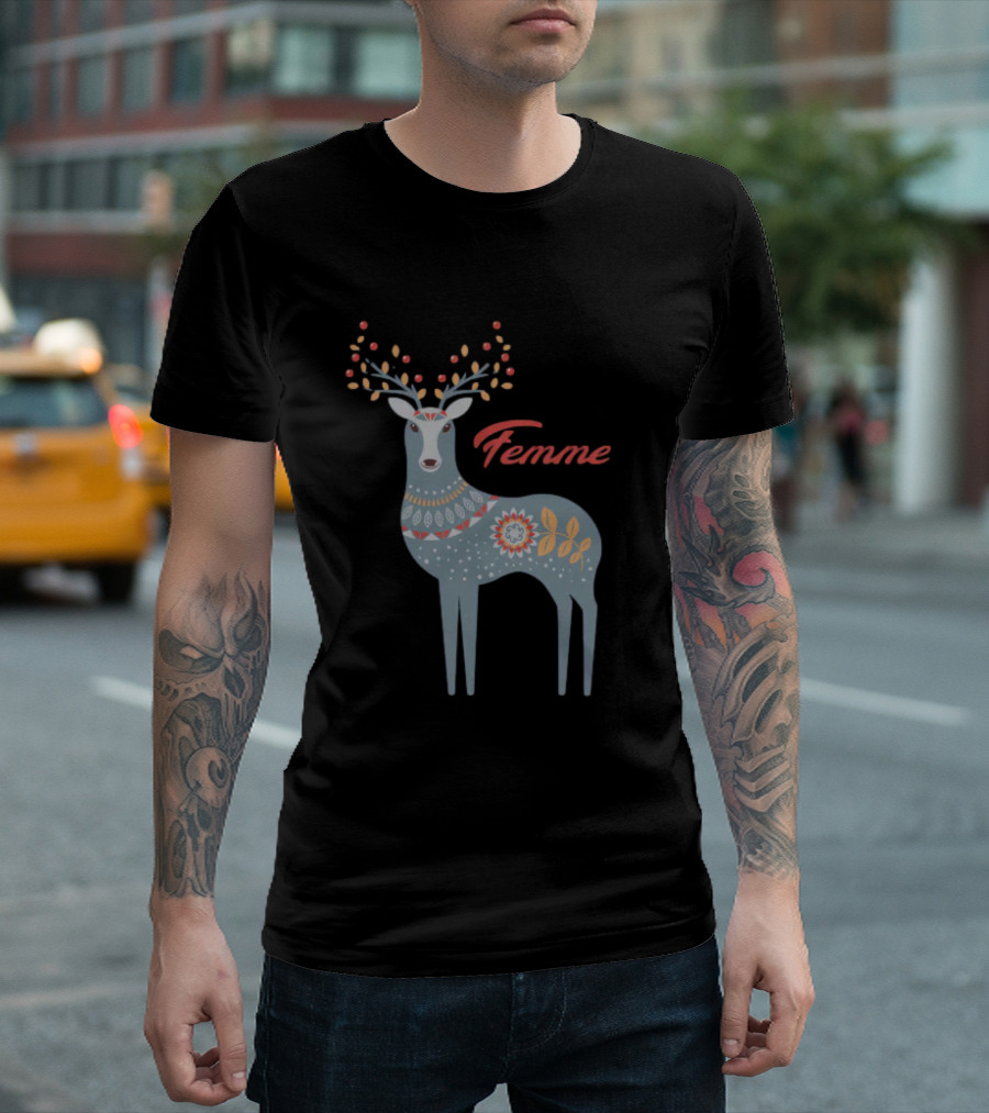Femme Nordic Deer with Patterned Antlers T-Shirt